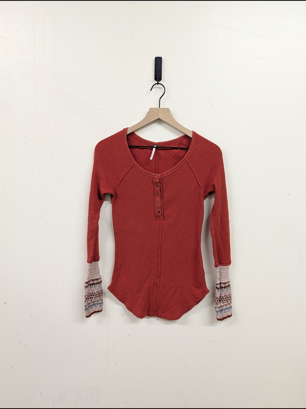 Free People Rust Henley Waffle Knit Long-Sleeve Top‎ with Patterned Cuffs